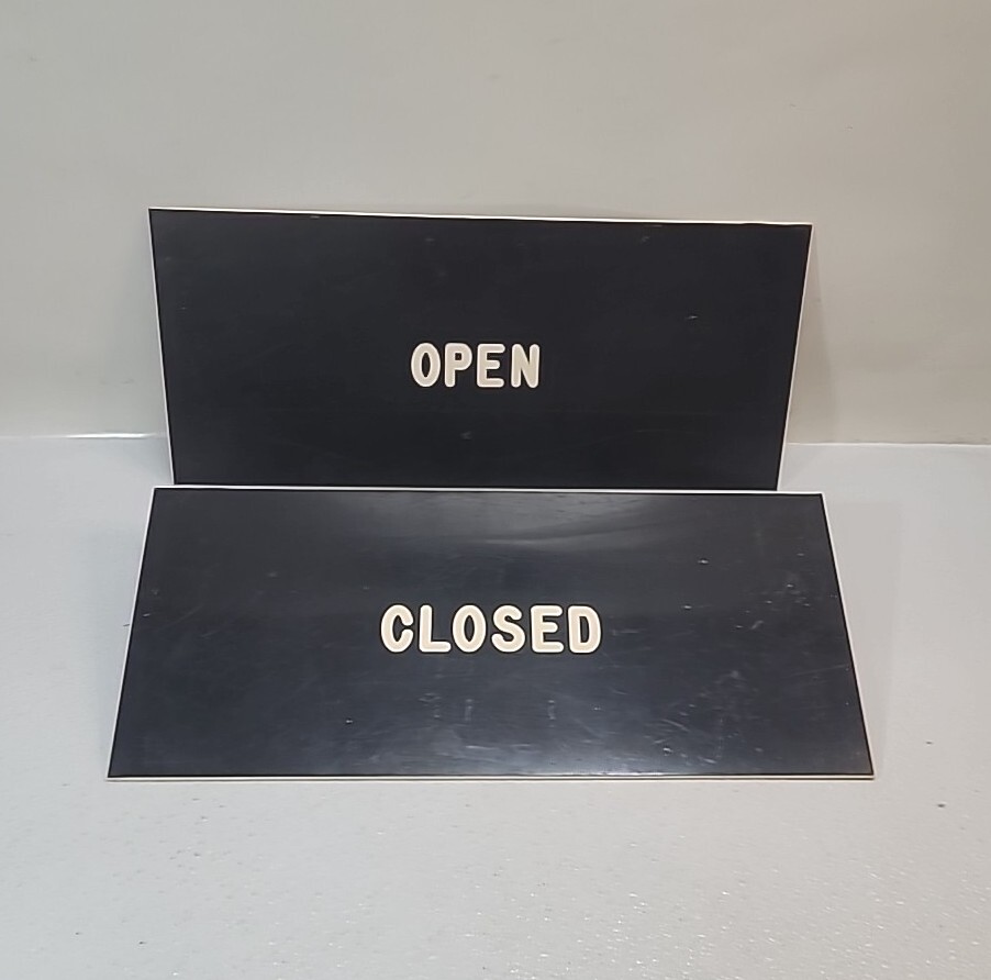 Set of Vintage OPEN / CLOSED White Letters On Black Double Sided 18″ x 8″