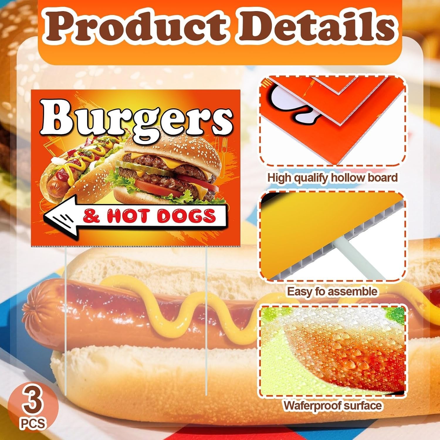 3 Pack Eye-Catching Burgers & Hot Dogs Yard Signs 15.7 x 12 Inches for Outdoors
