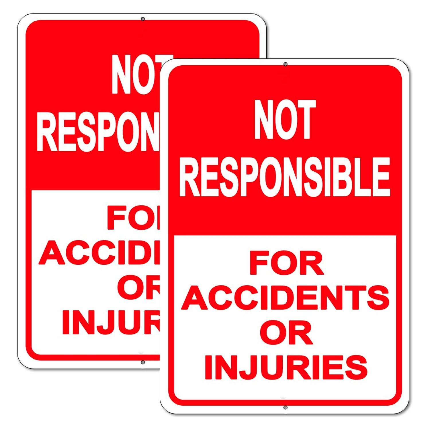 2-Pack Property Warning Sign: Not Responsible for Accidents or Injuries, 10″ x 7