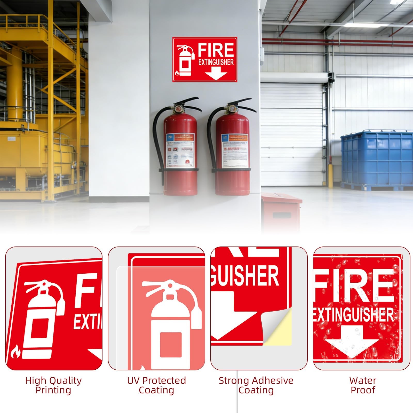 Fire Extinguisher Sign Sticker Glow in The Dark with Arrow 10x 7Inch 2 Pack