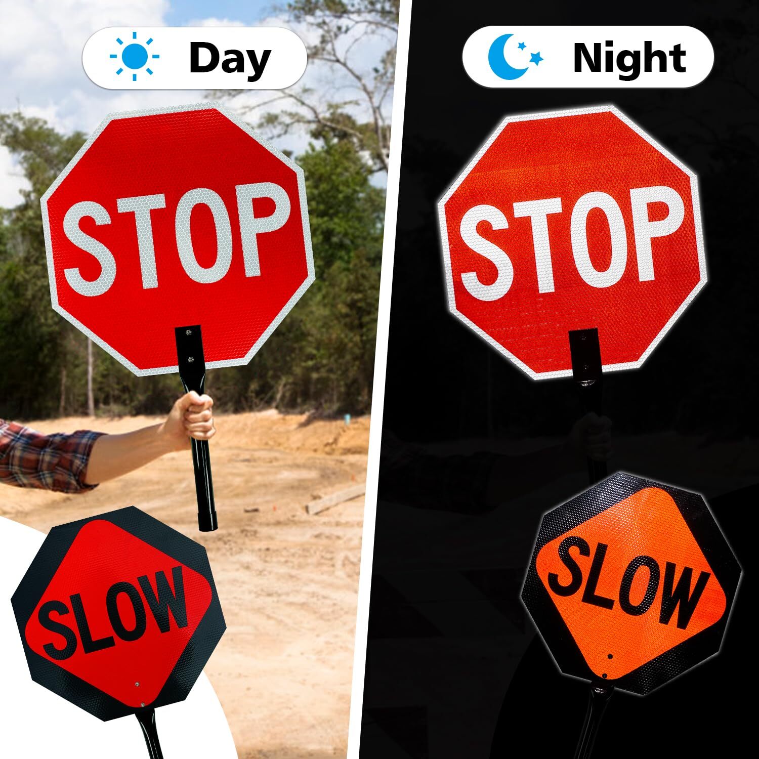 Stop Slow Sign with Metal Handle 18×18 inches Double Sided Slow/Stop sign Tra…
