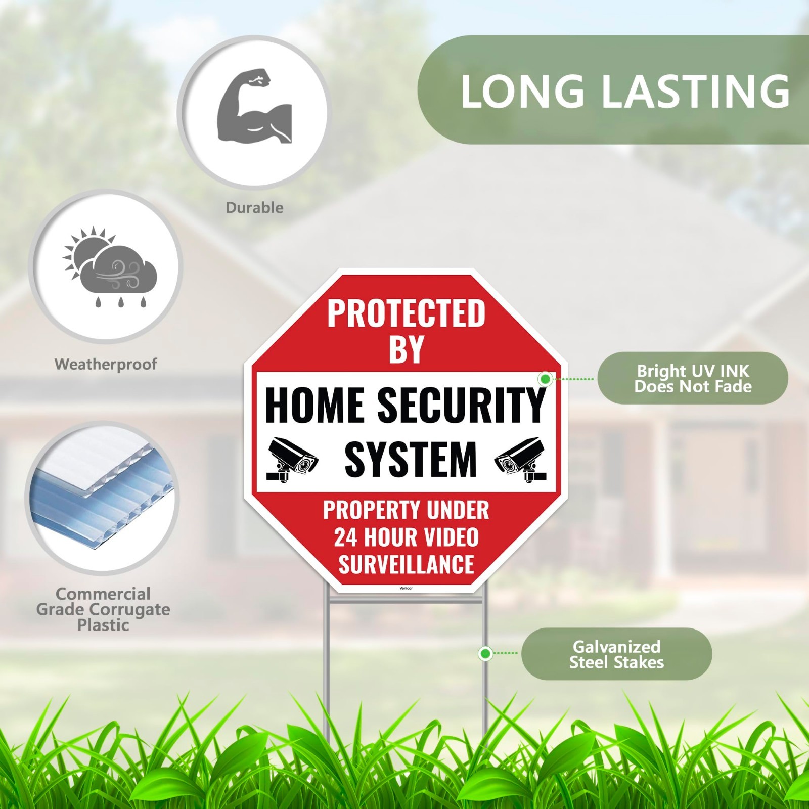 2PC Home Security Signs with Stakes, 13″x13″ Corrugated Plastic – Alarm Monitori