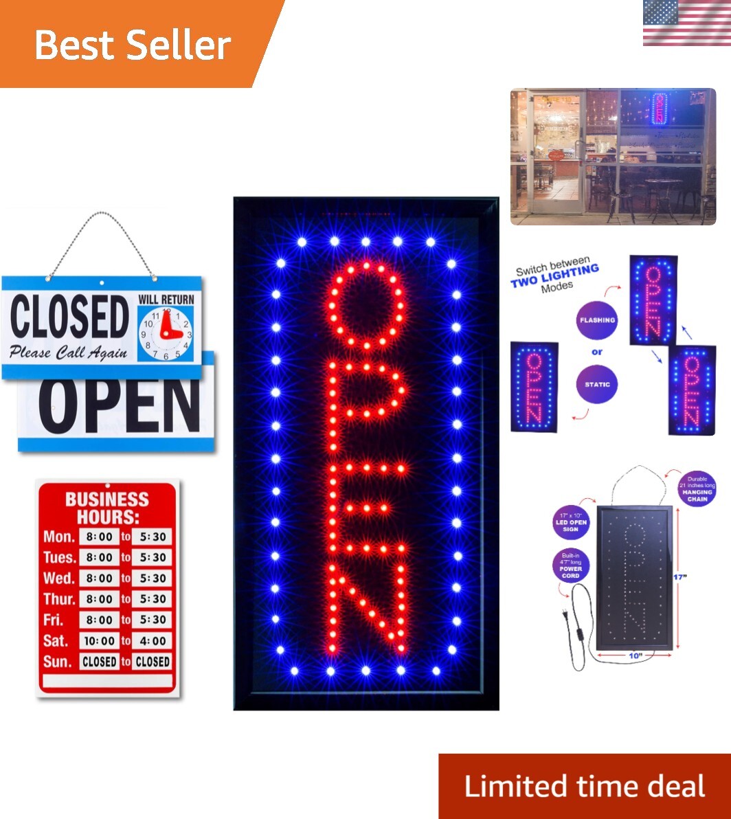 Bright Indoor Neon Open Sign: Customizable Hours with Secure Mounting Chain