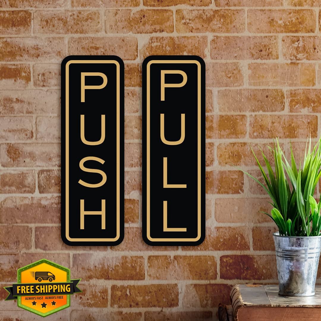 All Quality 5 Pack Vertical Push Pull Door Signs Black/Gold Medium