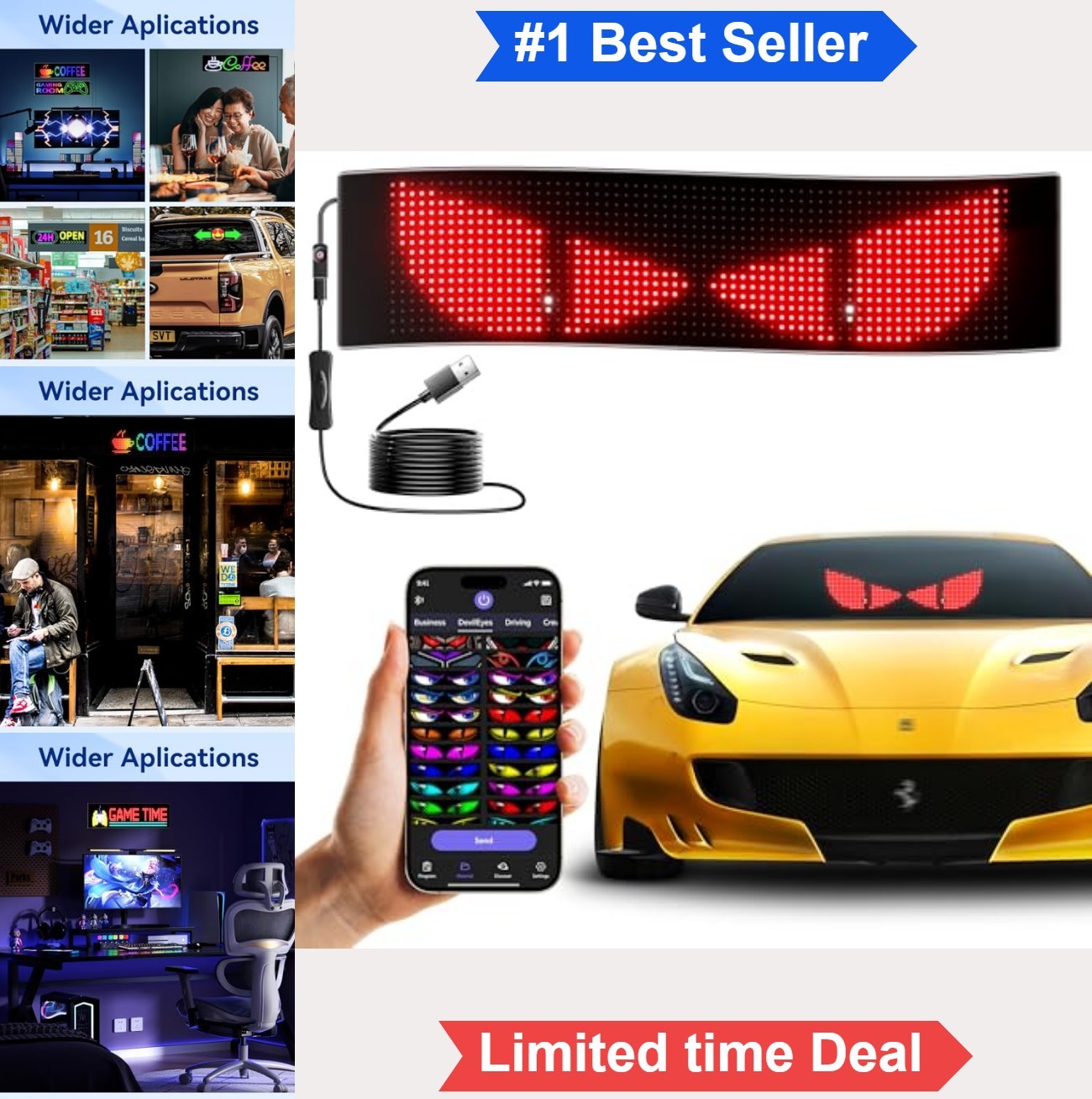 LED Sign Car Windshield APP Control Scrolling Display Programmable Flexible USB