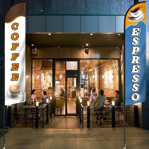 2 Set Coffee Feather Flags 15 Ft Swooper Kit – Windless Espresso Sign for Shops