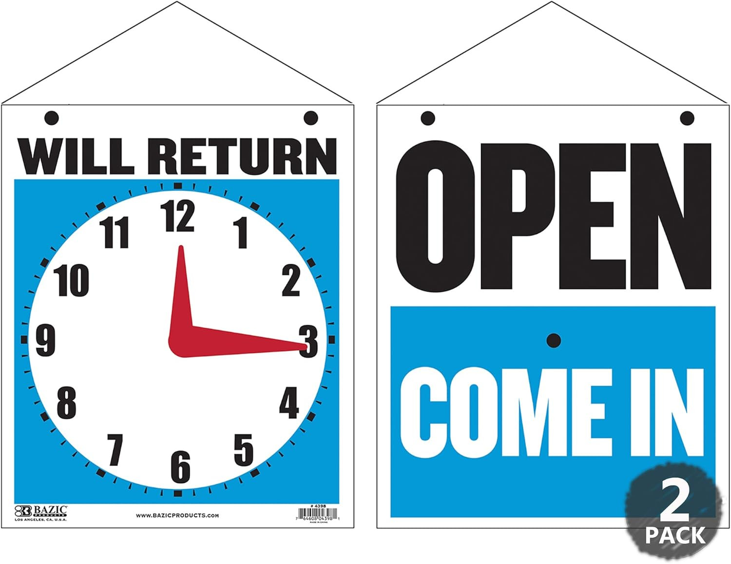 BAZIC Open Sign 7.5″X9″, Clock Will Return Will Be Back, Double Sides Plastic Vi