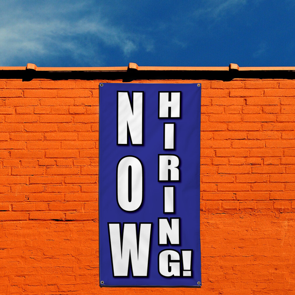 Vertical Vinyl Banner Multiple Sizes Now Hiring Blue Business Outdoor