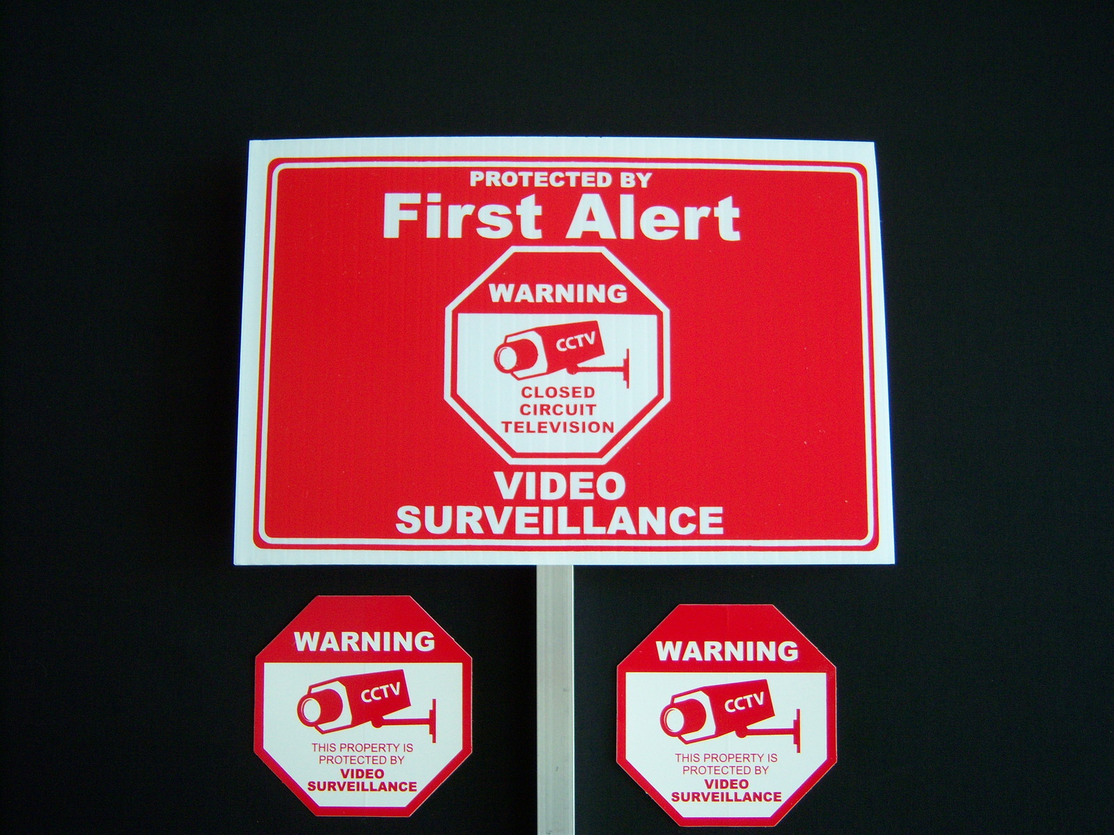 1 FIRST ALERT …VIDEO SURVEILLANCE SIGN + 2 DECALS – 1 STAKE ..#PS-418