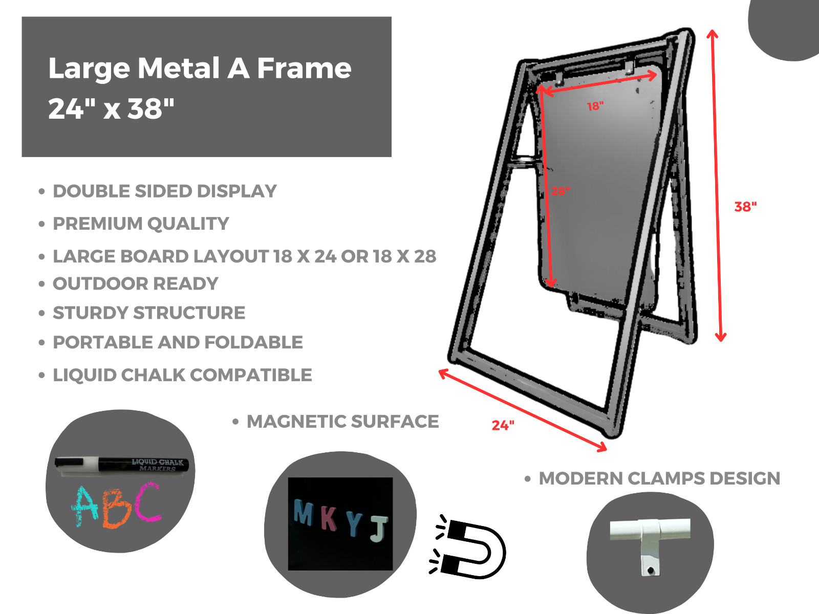 Modern Large Metal A Frame Magnetic Double Sided Chalkboard 24×38 Sidewalk Sign