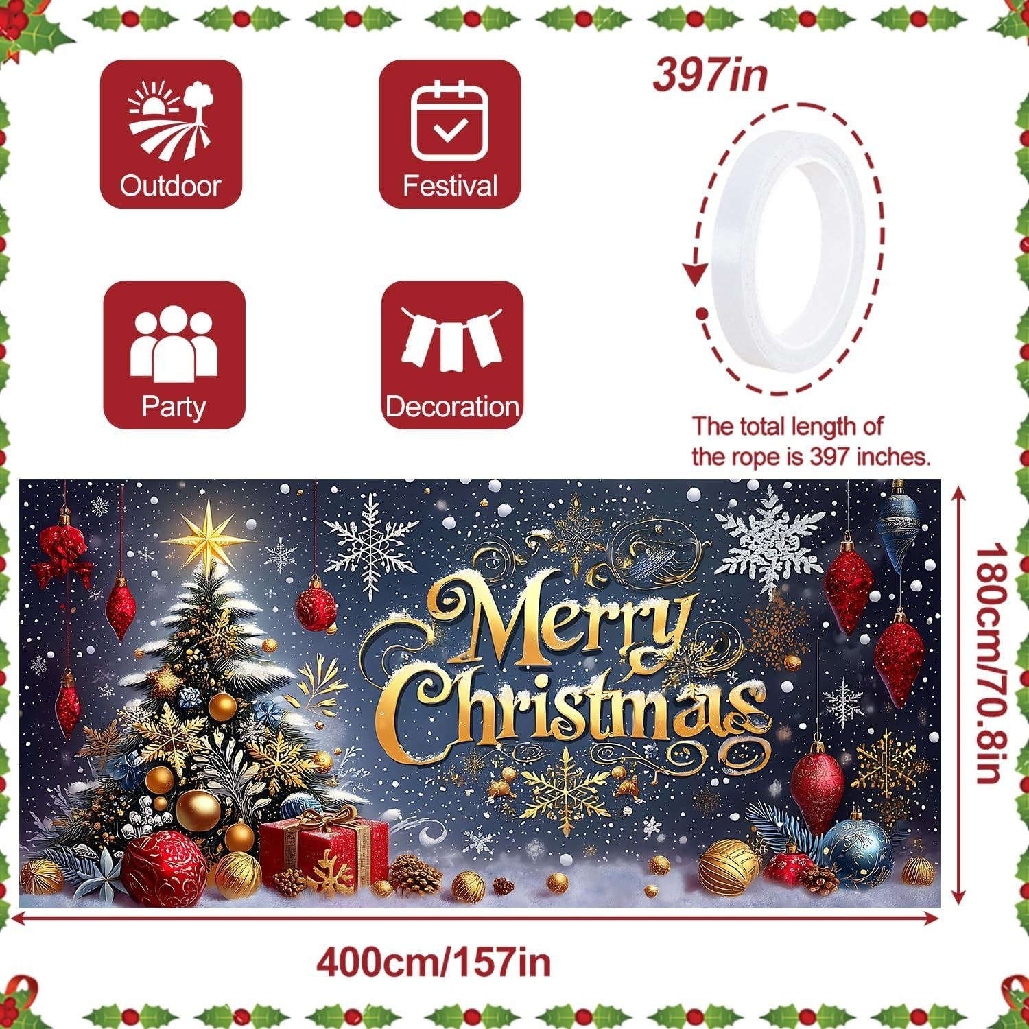 Luxury 13×6 ft Garage Door Banner – Gold Text, Snow Scene, Trees – Party Decor