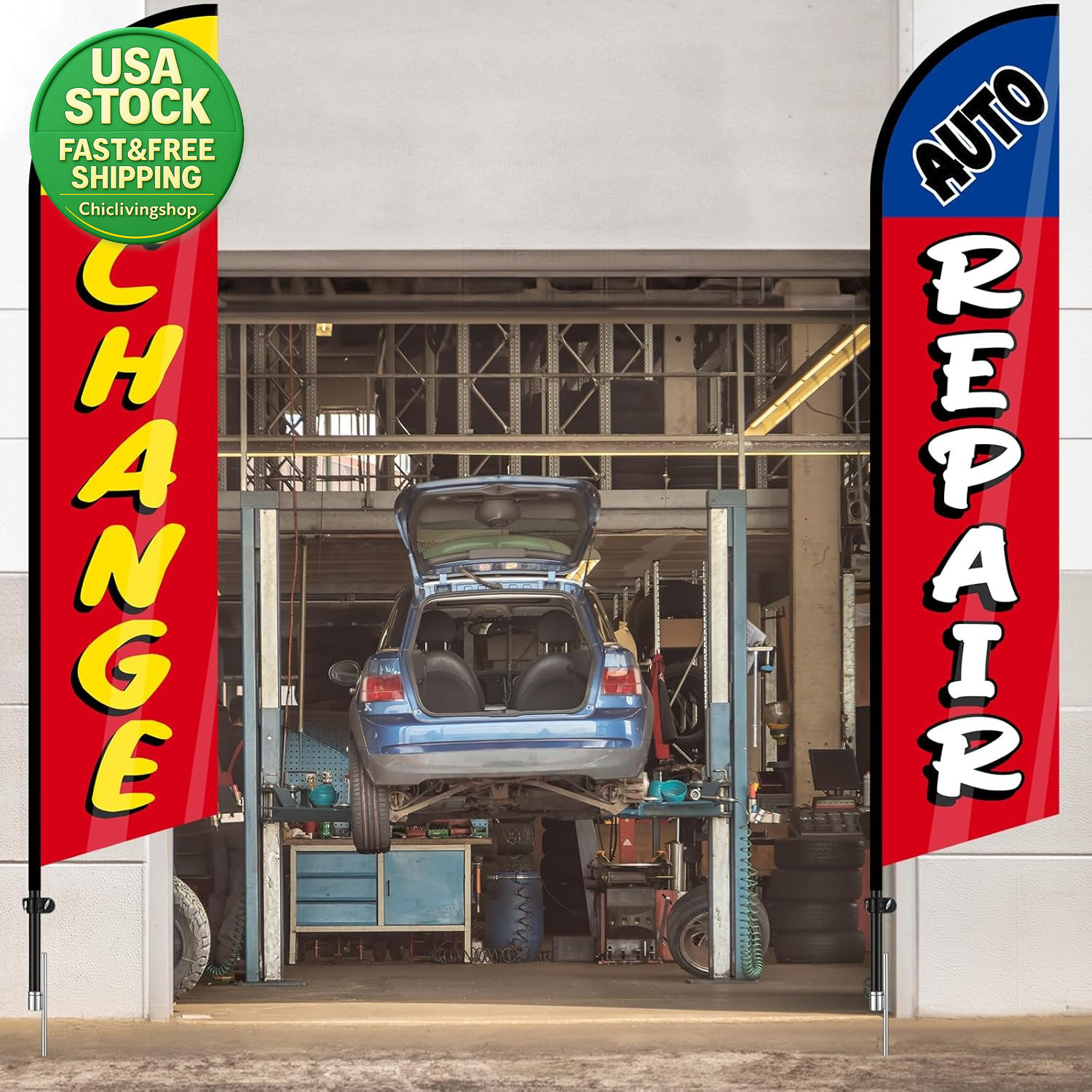 Auto Repair Shop Feather Flags 3 Pack 12X2.5Ft Windless Advertising For