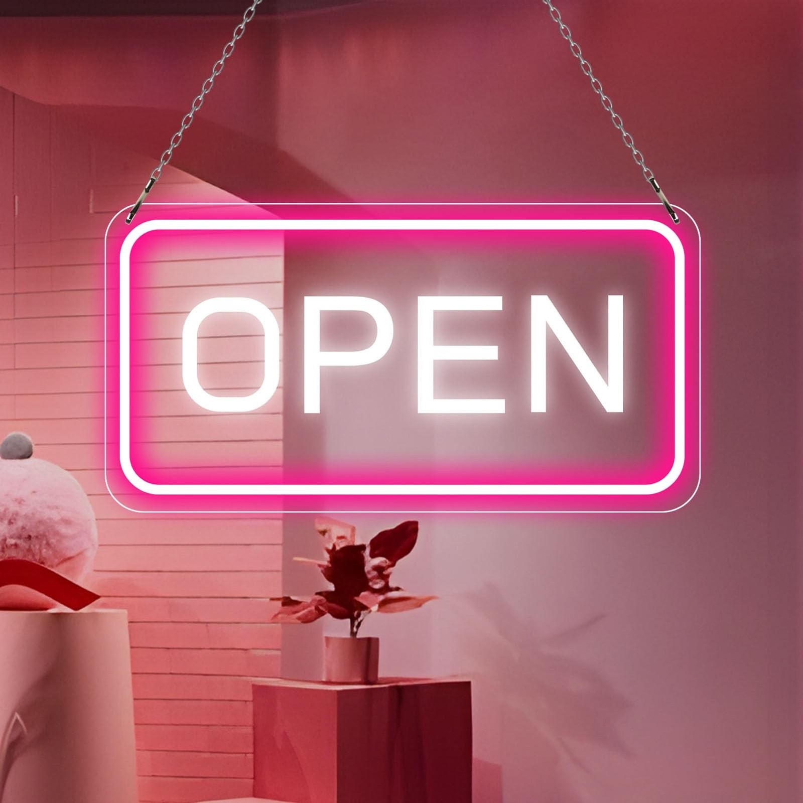 Neon Open Sign – 16”x 9” LED Sign, Super Bright Pink & White Neon Light, ON…
