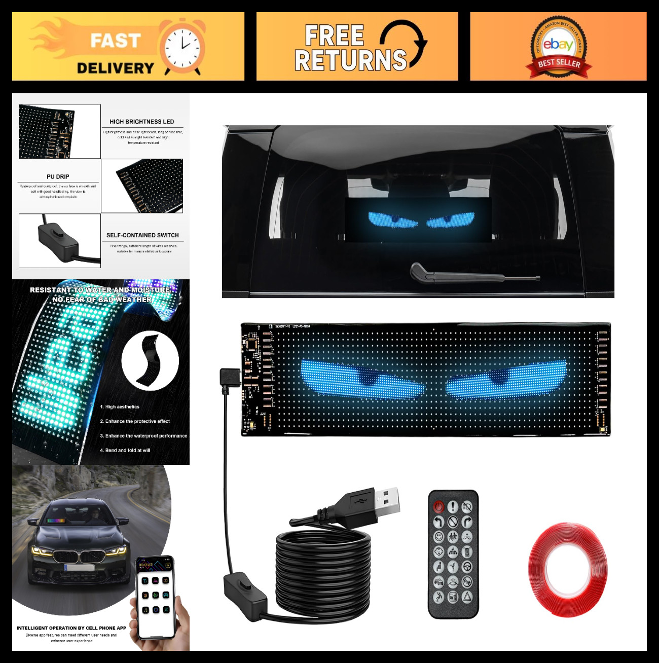 Programmable LED Scrolling Sign 14.7″x3.6″ Bluetooth Custom Text Display for Car