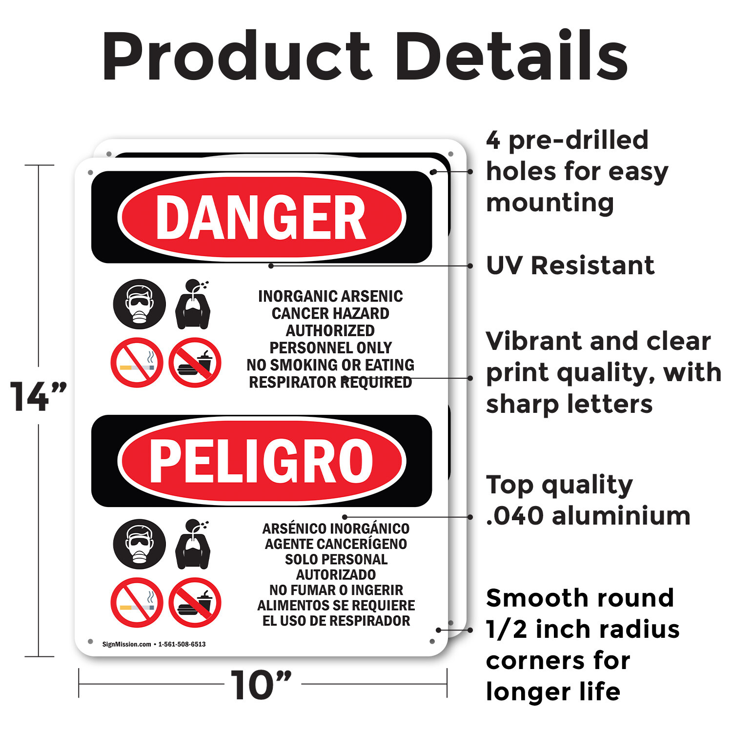 (2 Pack) Inorganic Arsenic Cancer Hazard Bilingual OSHA Danger Sign Decal Metal