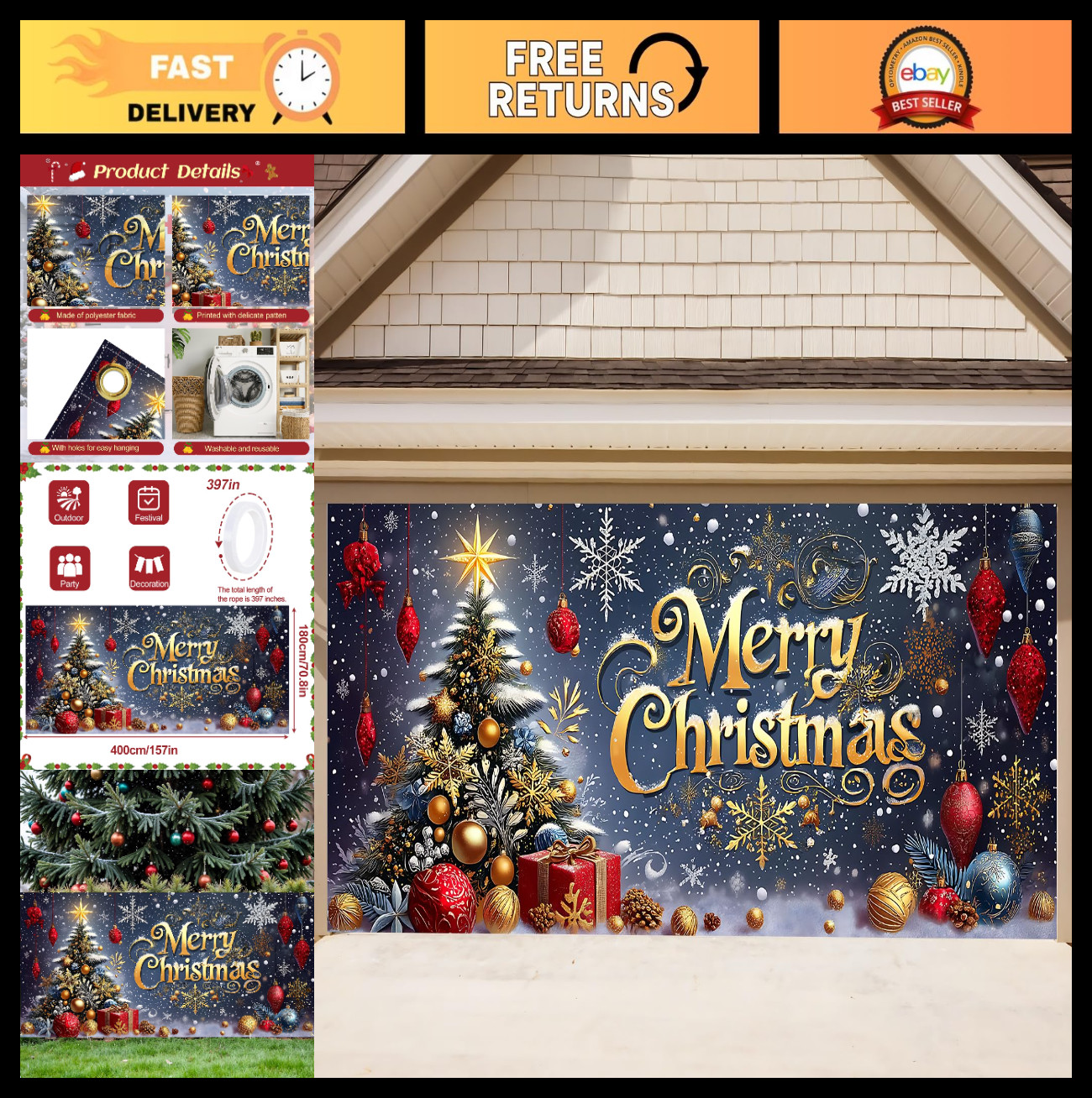 Luxury 13×6 ft Garage Door Banner – Gold Text, Snow Scene, Trees – Party Decor