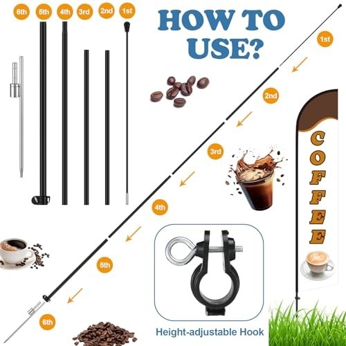 2 Set Coffee Feather Flags 15 Ft Swooper Kit – Windless Espresso Sign for Shops