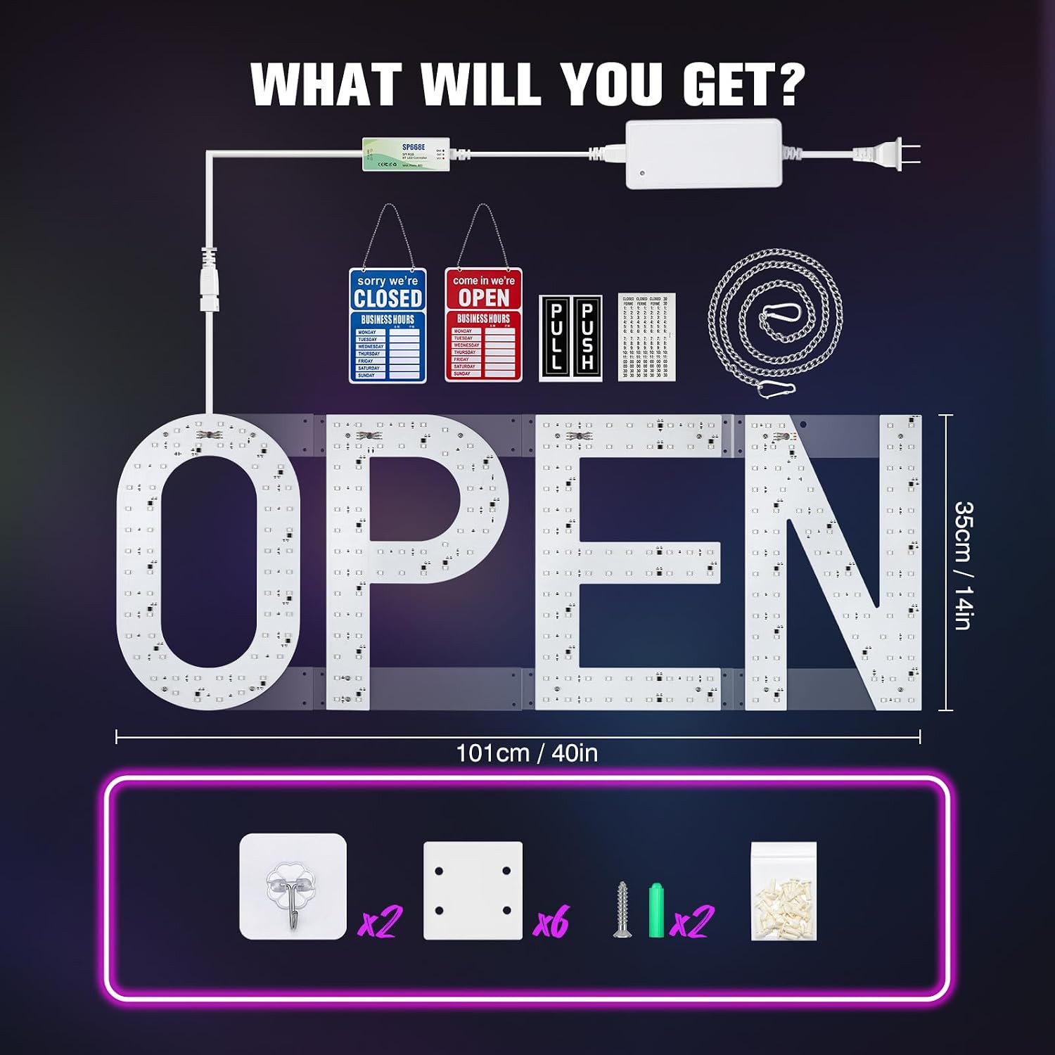 LED Open Sign for Business 40″X14″ Dimmable Large Light up Sign Multi-Color
