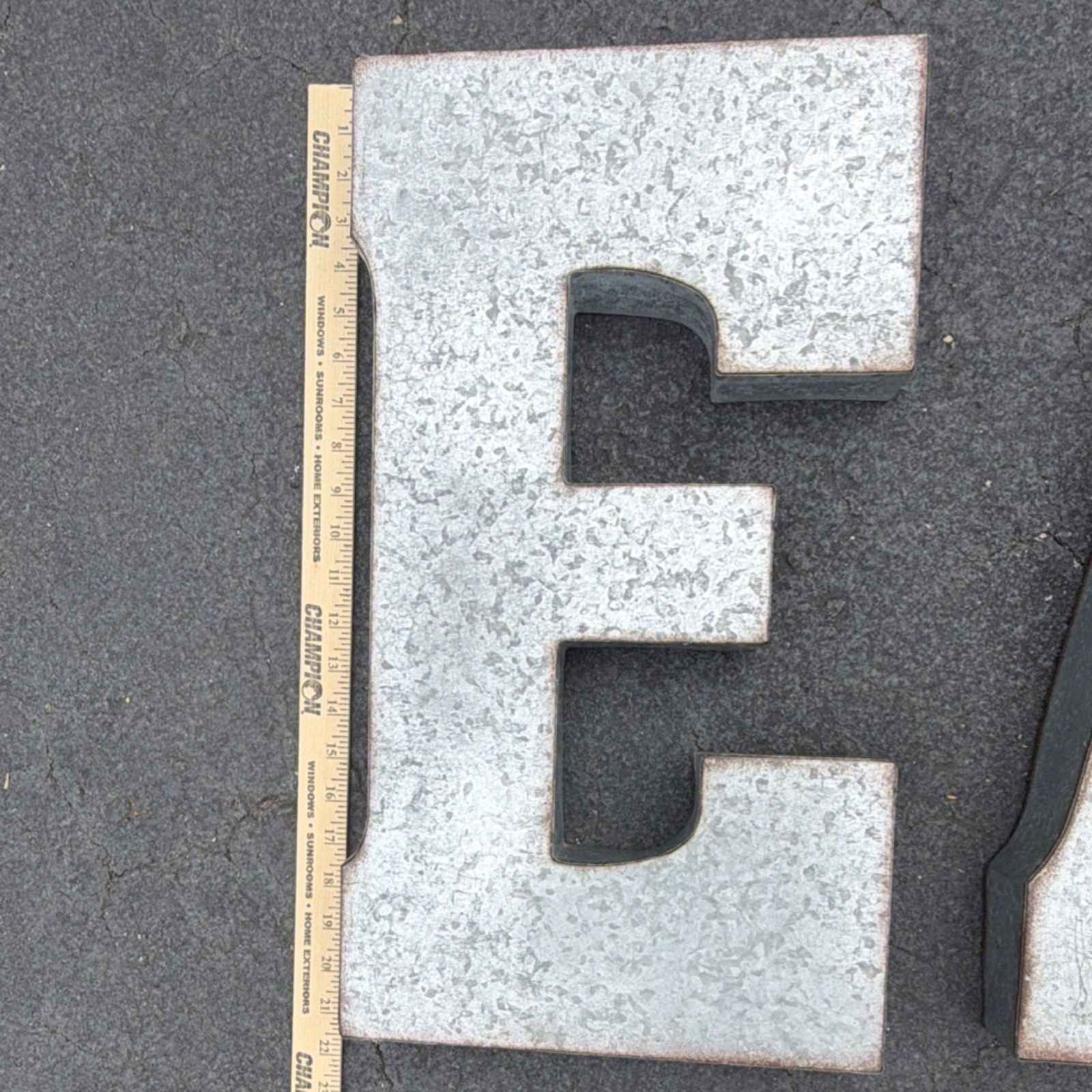 Galvanized Gray Metal Wall Mounted Individual Letters A E T, approx 12” x 21