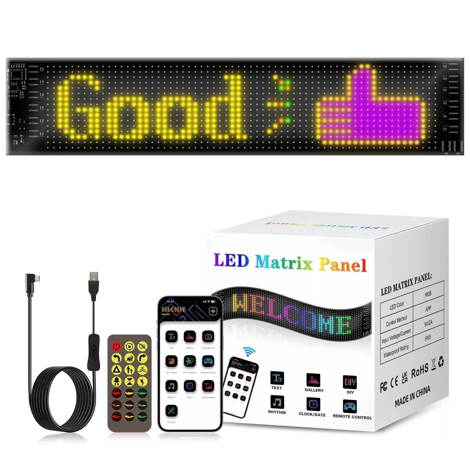 15″x4″ Programmable LED Scrolling Sign – Bluetooth Control, Custom Text, RGB Dis
