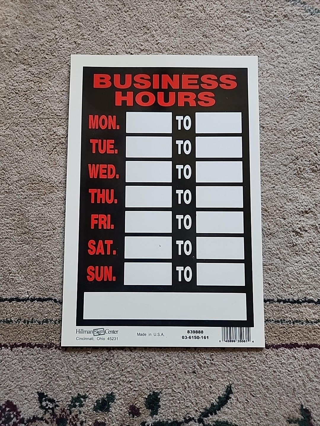 Hillman 12-in x 8-in Business Hours Sign Plastic Signs Door Window Durable NEW E