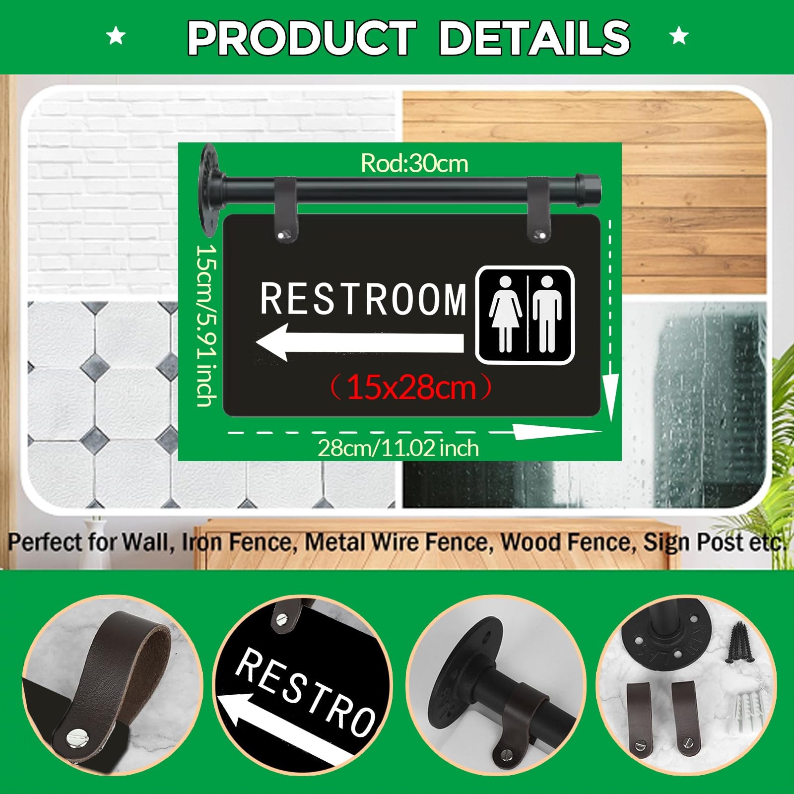 Modern Restroom Sign with Left Arrow,Double Sided,11″ x 6″，Wall-Mounted Unise…