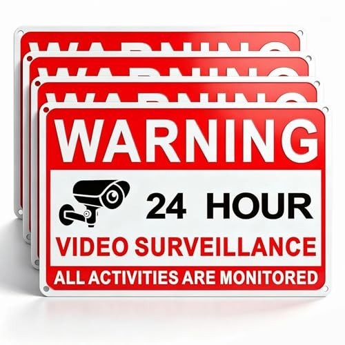 4 Pack Video Surveillance Signs, 8 x 12 Inch Aluminum Camera Signs, CCTV Secu…