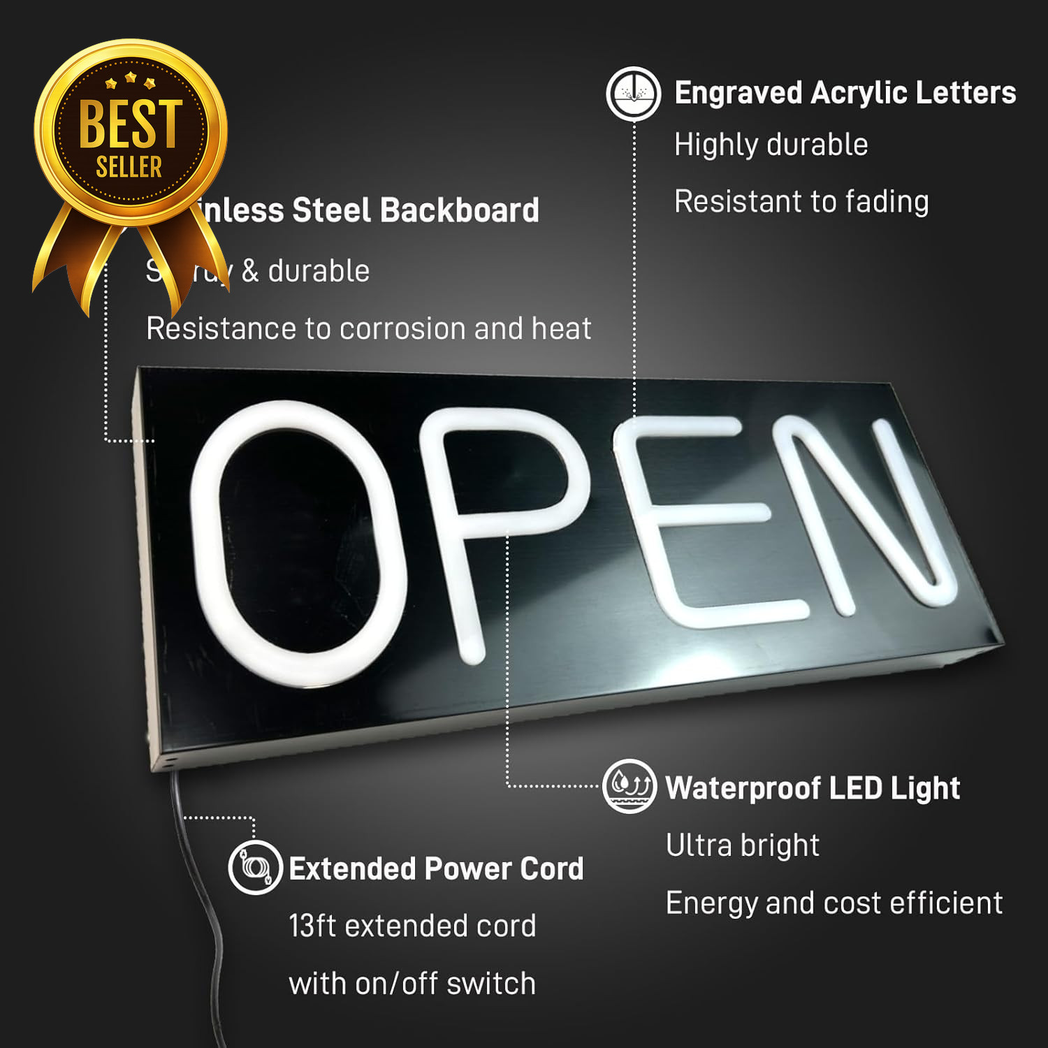 Outdoor Waterproof LED Open Sign 19.7×8 Ultra Bright Business Display