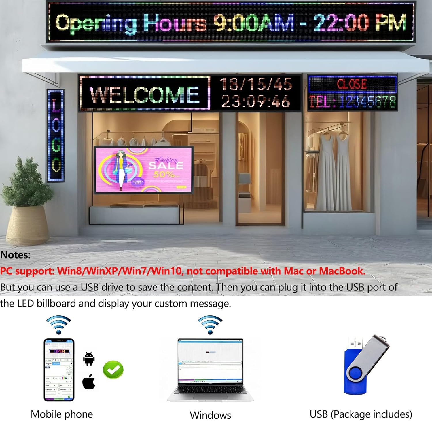 High Brightness P10 Programmable LED Sign for Business, Wifi Control, 40″x14