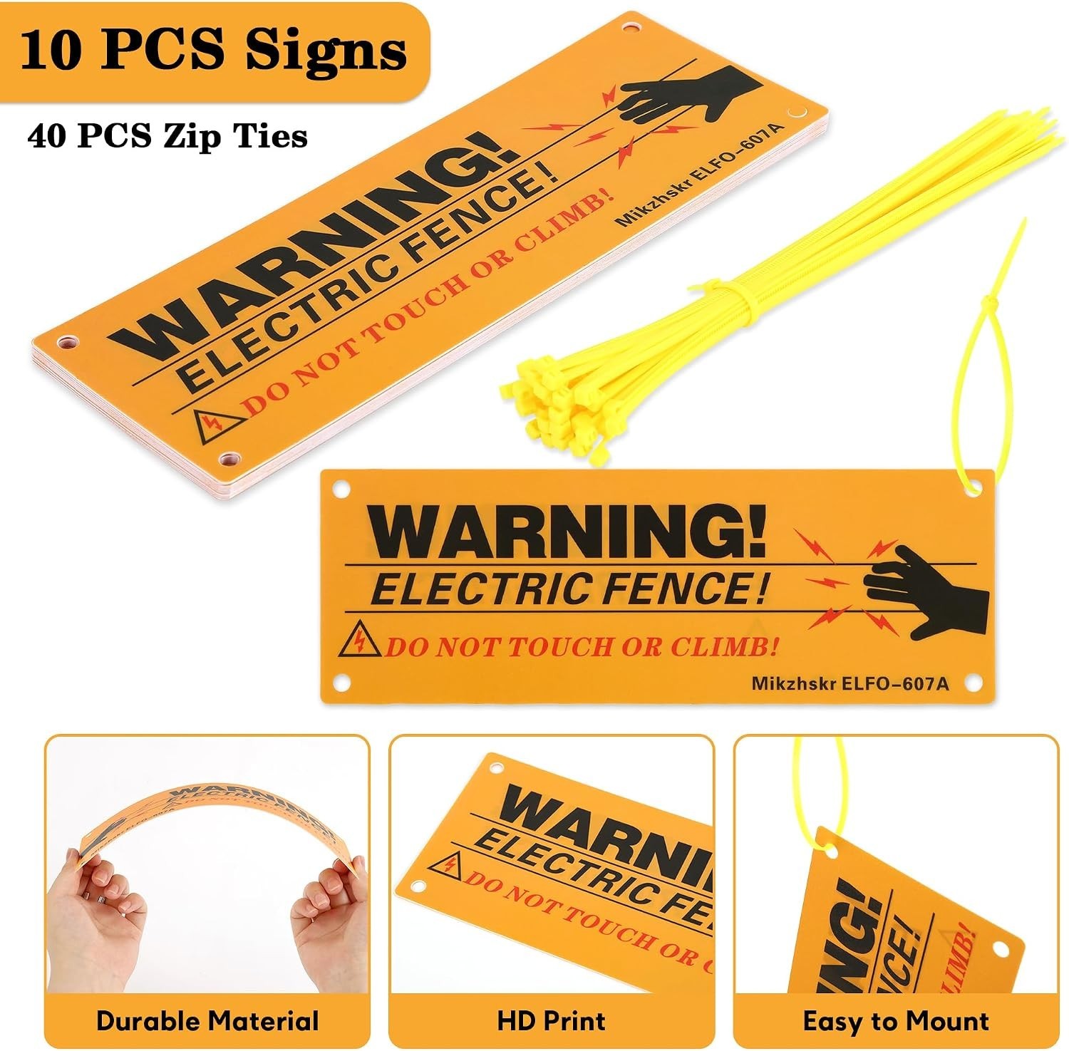 Electric Fence Warning Signs with Zip Ties 10 x 3.5 Inch Plastic Yellow Elect…