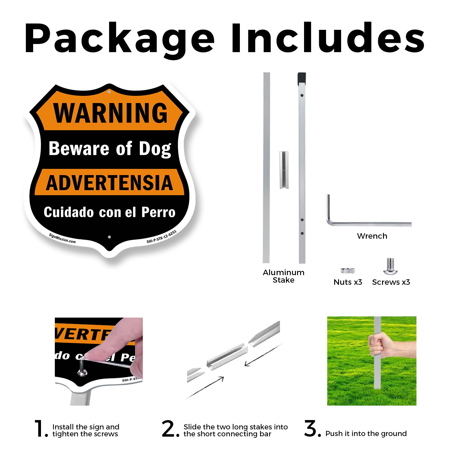 Beware of Dog Bilingual English / Spanish Shield Shaped Sign With Stake