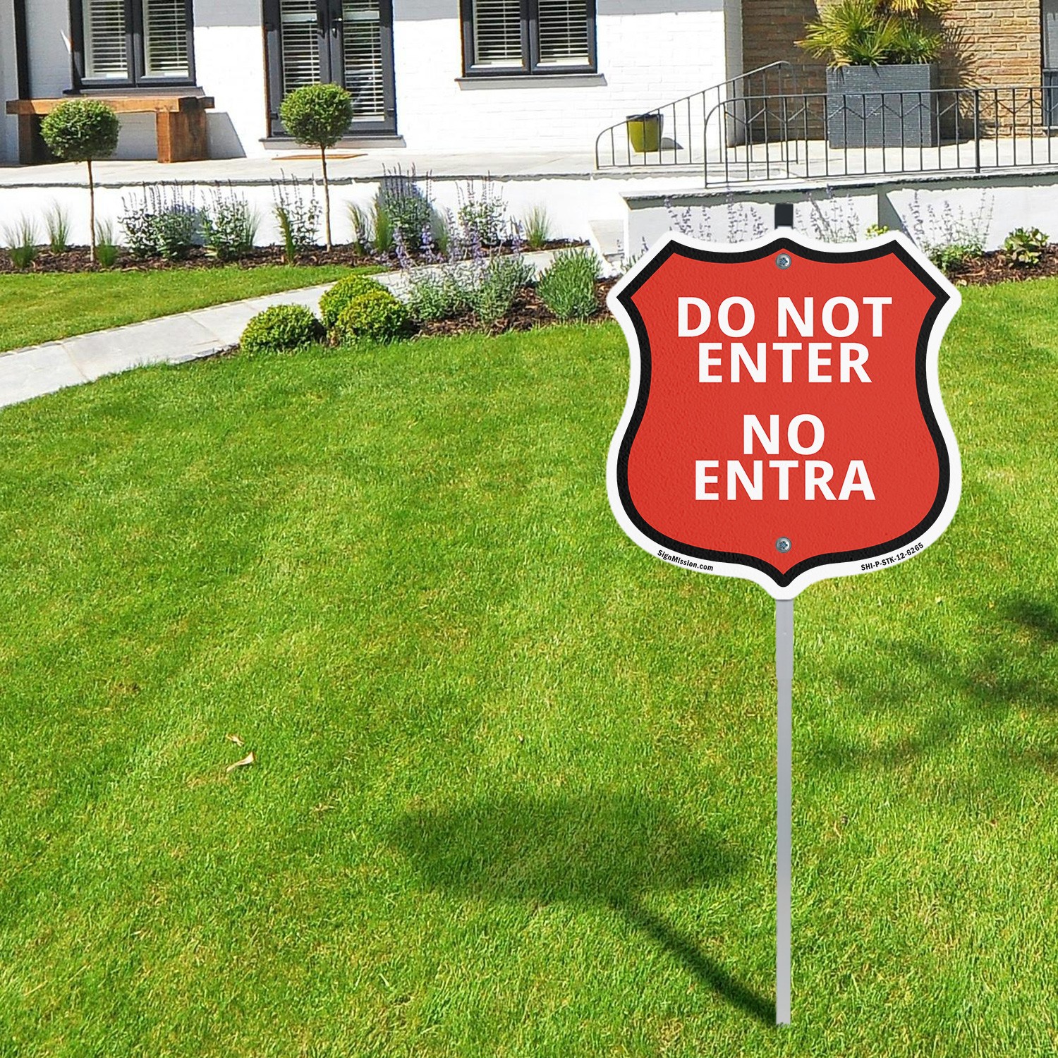Do Not Enter Bilingual English / Spanish Shield Shaped Sign With Stake