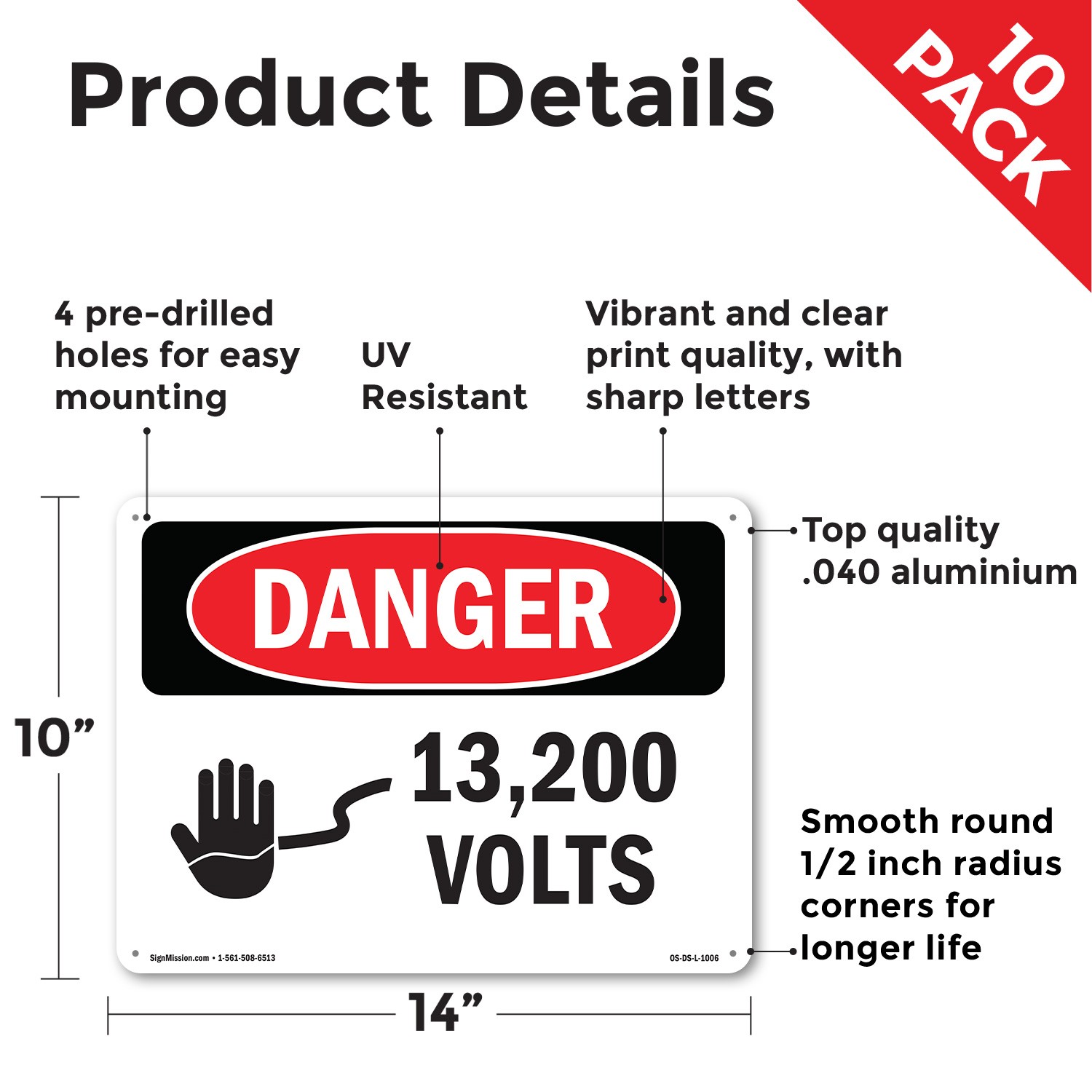 13200 Volts OSHA Danger Sign Metal, Plastic, Or Decal – 5 or 10 Pack
