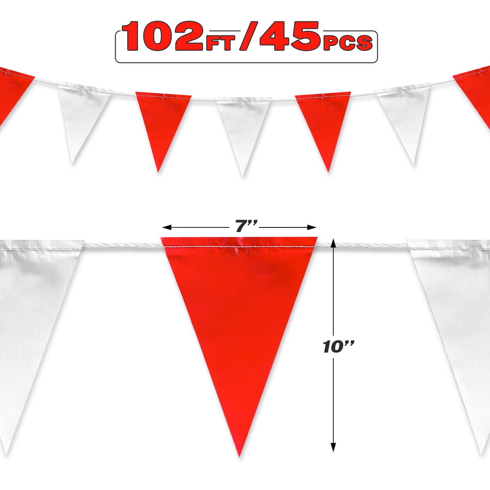 Pennant Banner Flags | OSHA 500lb | Strand Fade Resistant (Red & White,102FT)