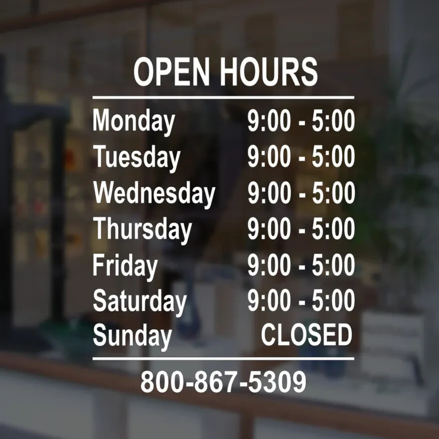Custom Business Store Hours Sign Decal Sticker 12×18 EXTERIOR Window Door