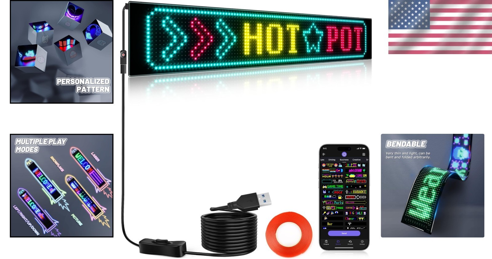 Portable LED Sign, Bluetooth App Control, 27″x5″ Display