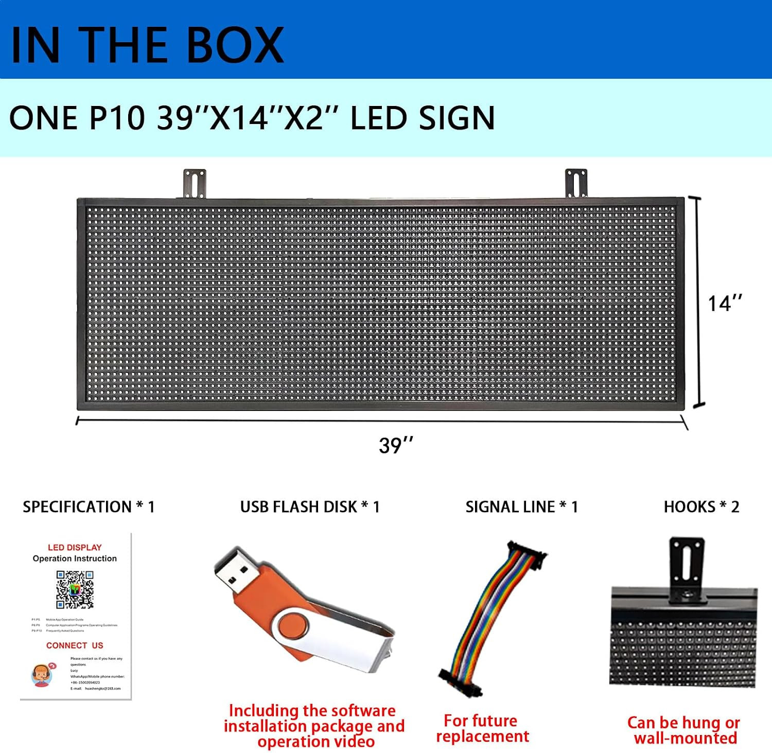 39×14″ Full Color LED Scrolling Message Sign WiFi App Control Waterproof Display