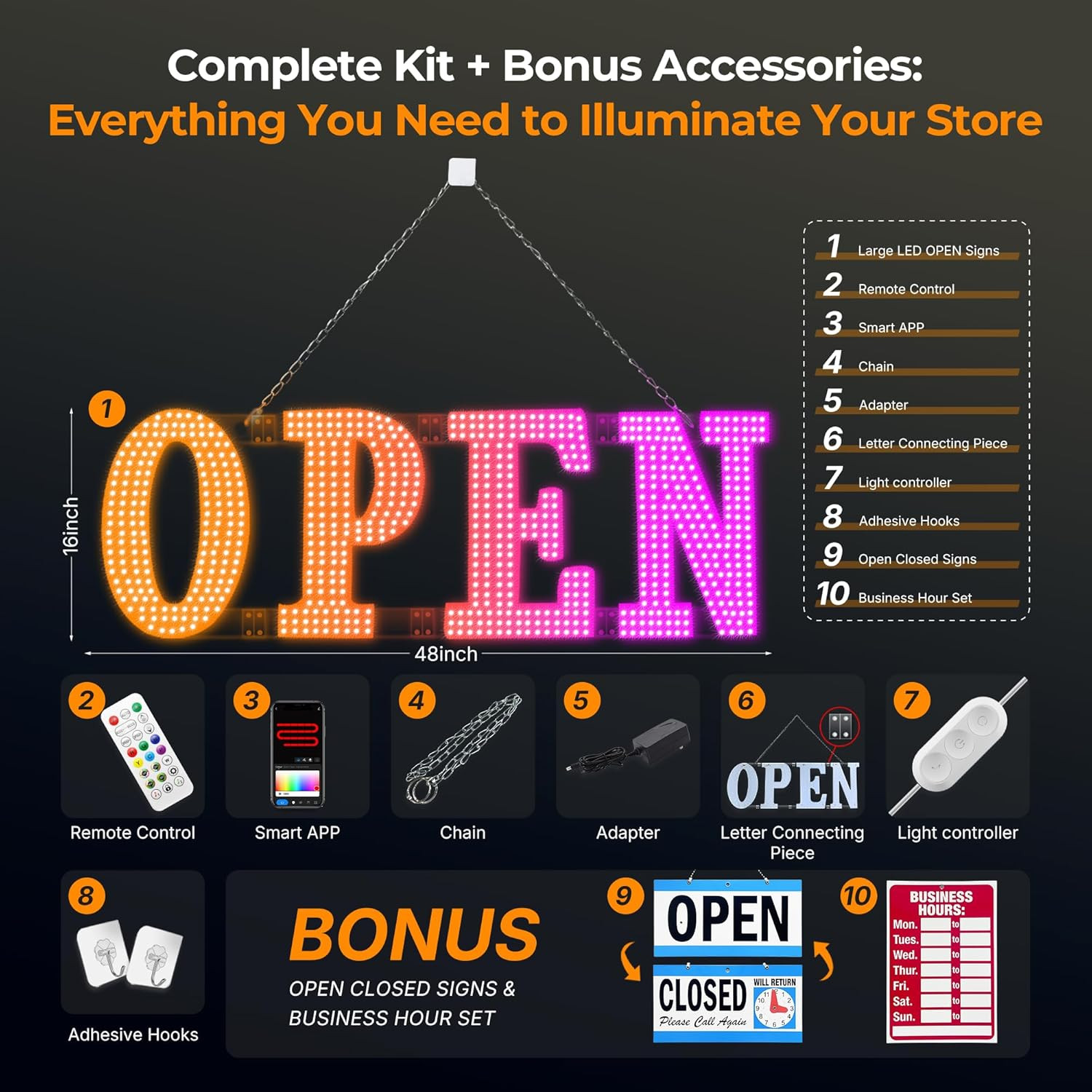 Large 48″ LED Open Sign with Remote, Timer & Custom Colors for Businesses