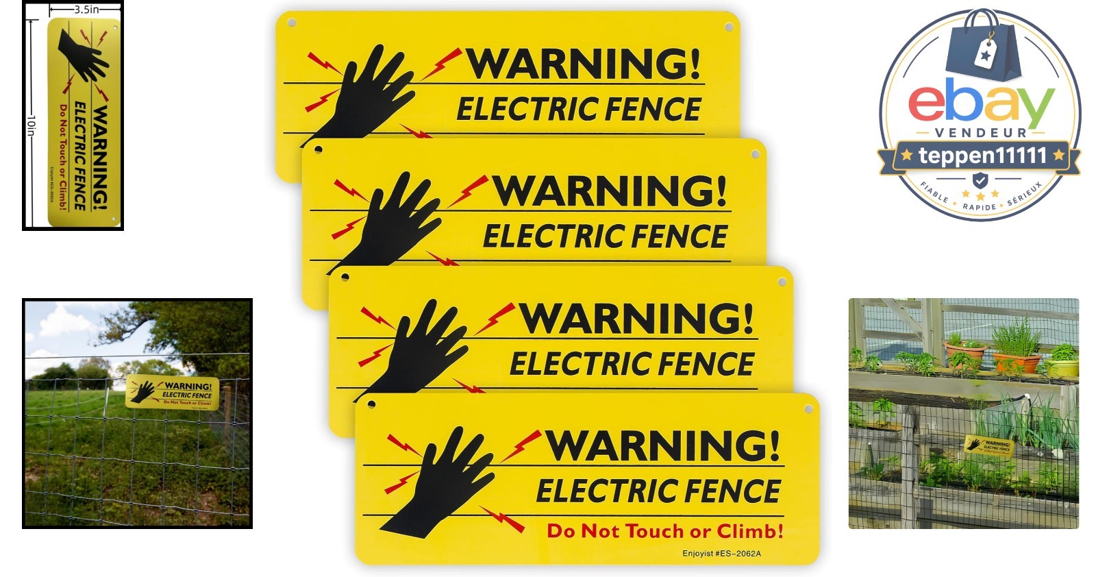Electric Fence Sign 4-Pack, 10″x 3.5″ Plastic, Waterproof