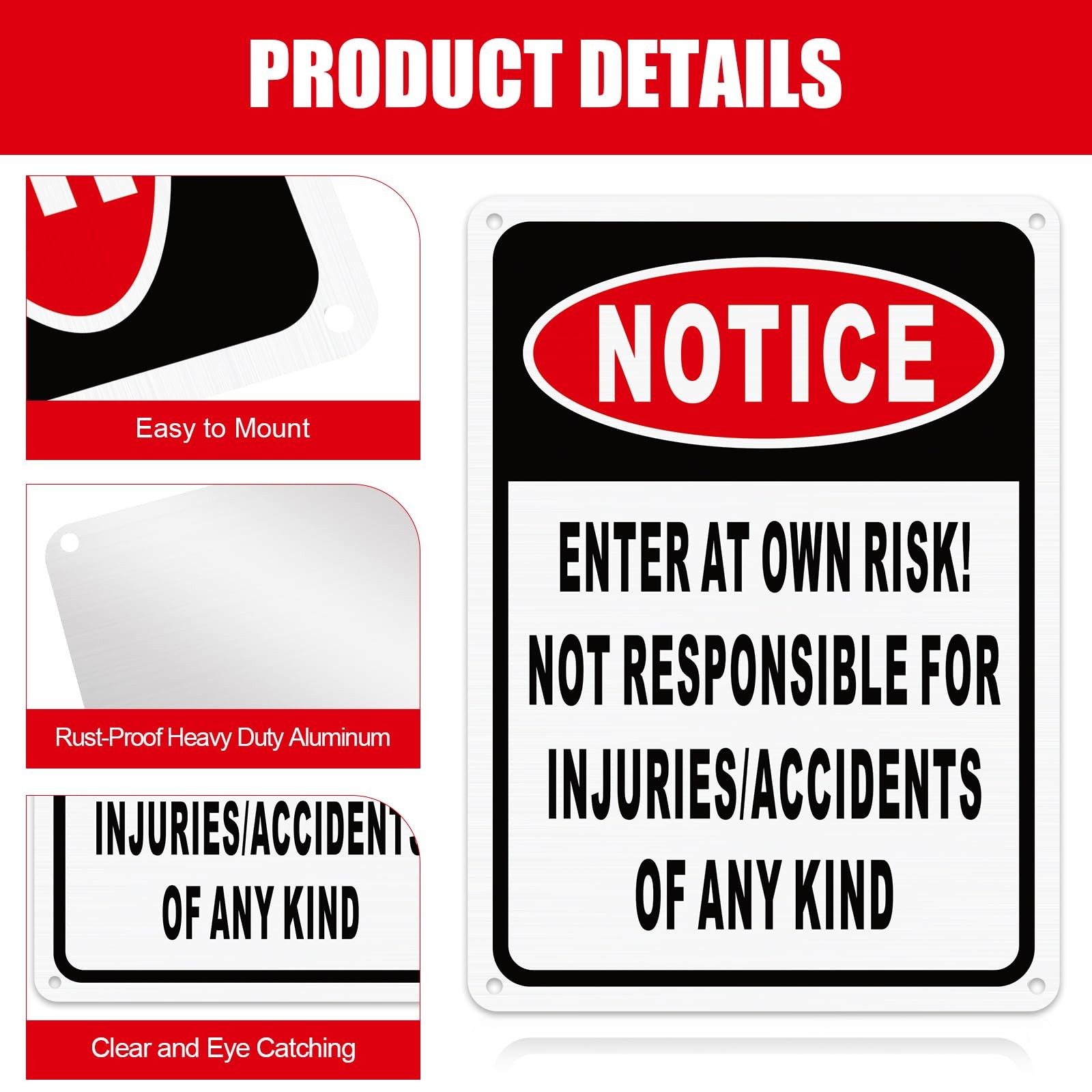4 Pcs Notice Enter at Own Risk Sign 10” x 7″ Reflective Aluminum Not Respons…