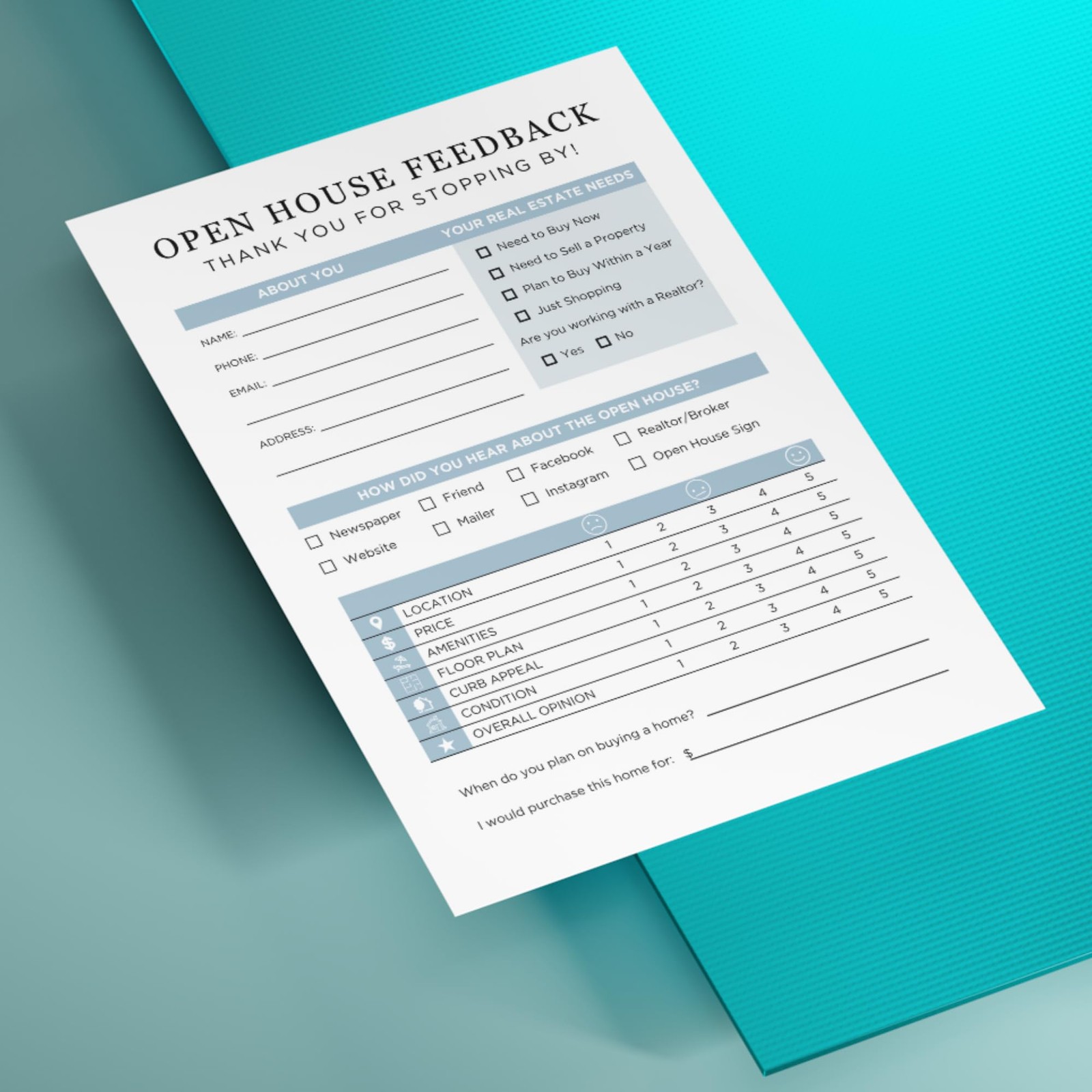 75 PCS Realtor Open House Feedback Form 5.5×8.5 Inch Flyer Client Sign Sheet