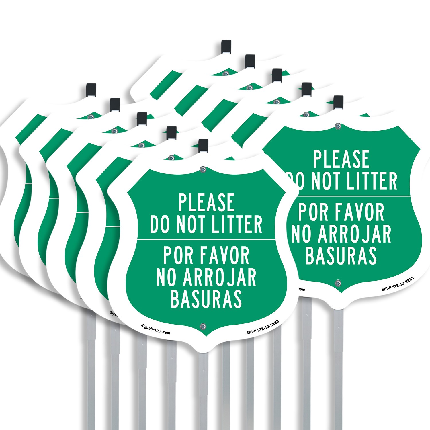 Please Do Not Litter Bilingual English / Spanish Shield Shaped Sign With Stake