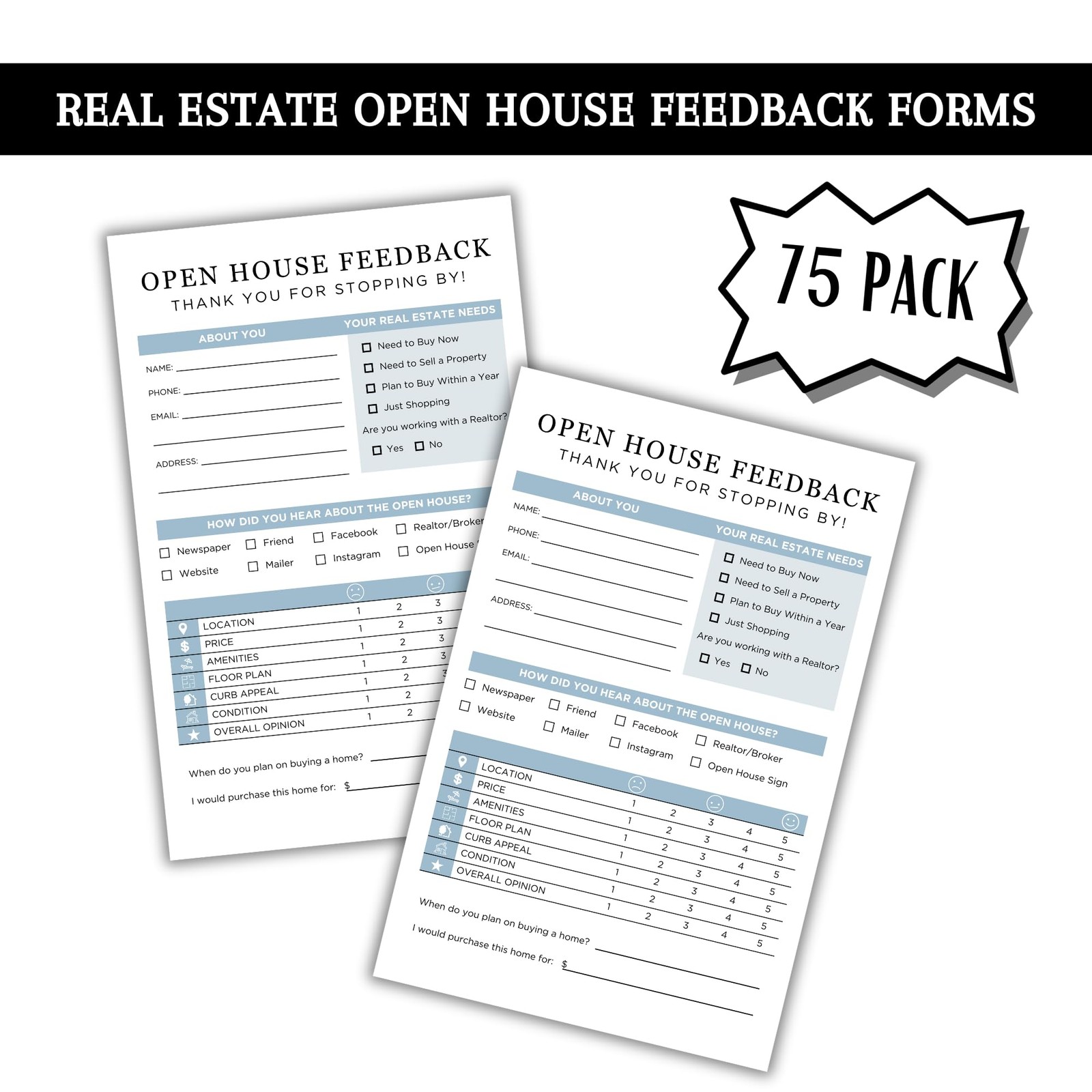 Realtor Open House Feedback Form Sign In Sheet Marketing Cards 75 PCS Pack