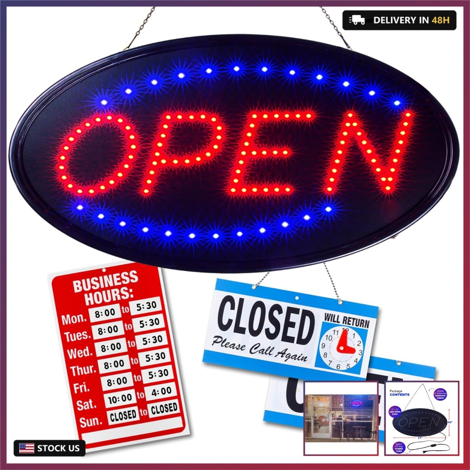 Neon Open Sign for Business: Oval LED Sign with Flashing Mode for Stores – Inclu