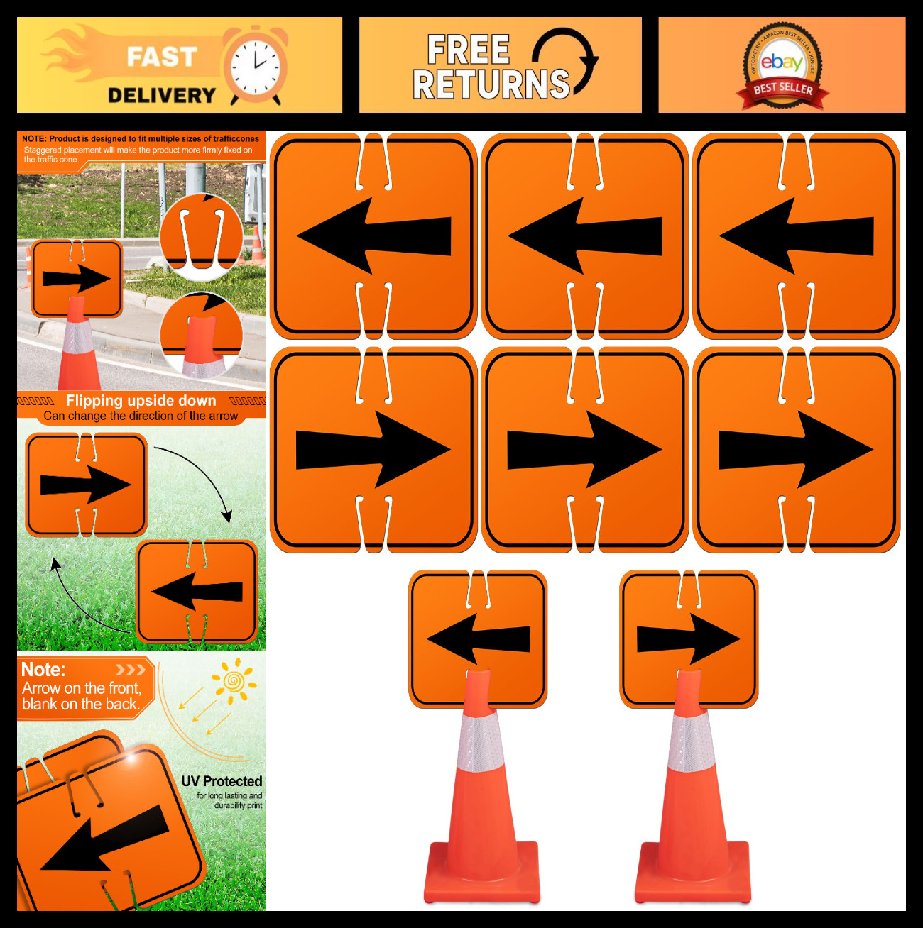 6 Pcs Reversible Traffic Arrow Signs 12.6″x10.4″ Orange Detour Directional Roadw