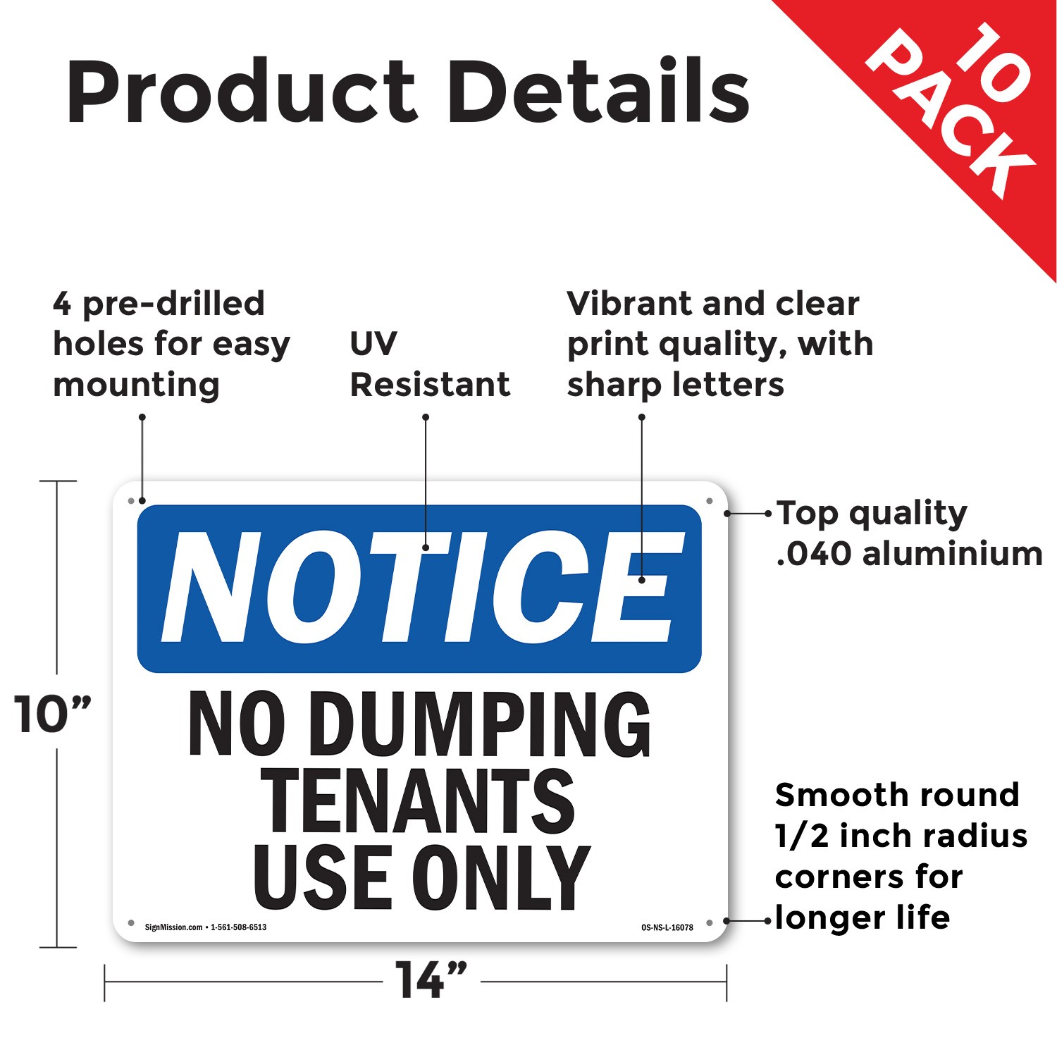 No Dumping Tenant Use Only OSHA Notice Sign Metal, Plastic, Decal 5 or 10 Pack