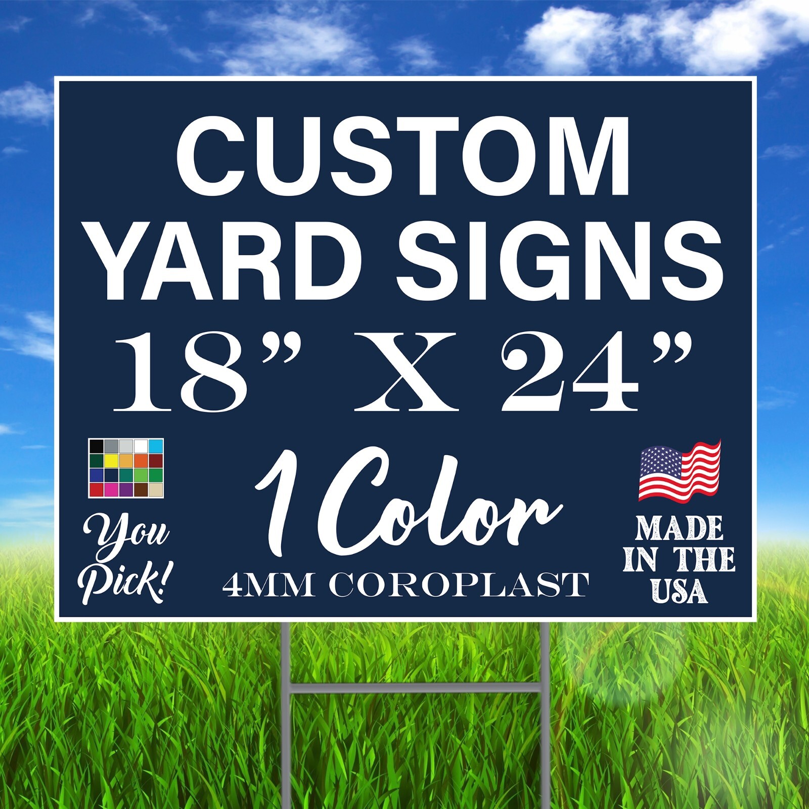 50 – 18×24 One Color Custom Yard Signs Corrugated Plastic Double Sided + Stakes
