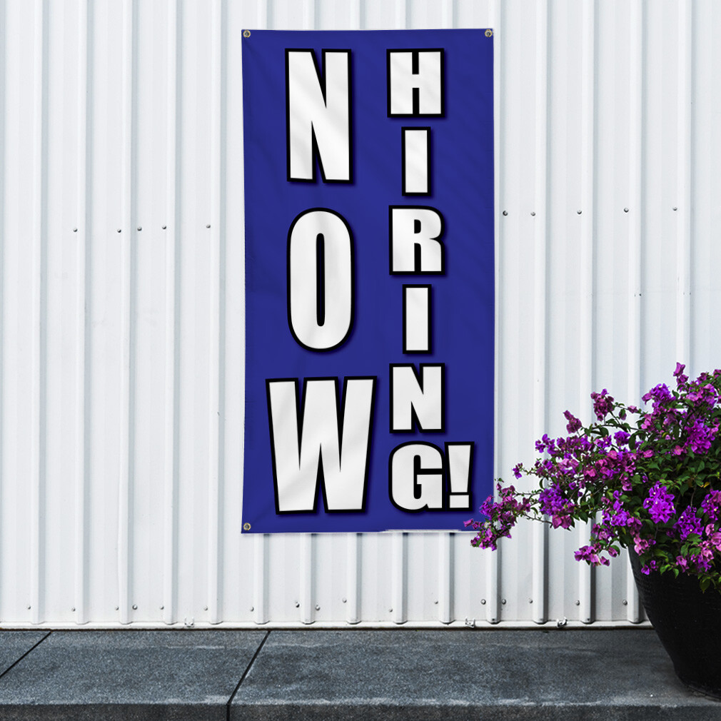 Vertical Vinyl Banner Multiple Sizes Now Hiring Blue Business Outdoor