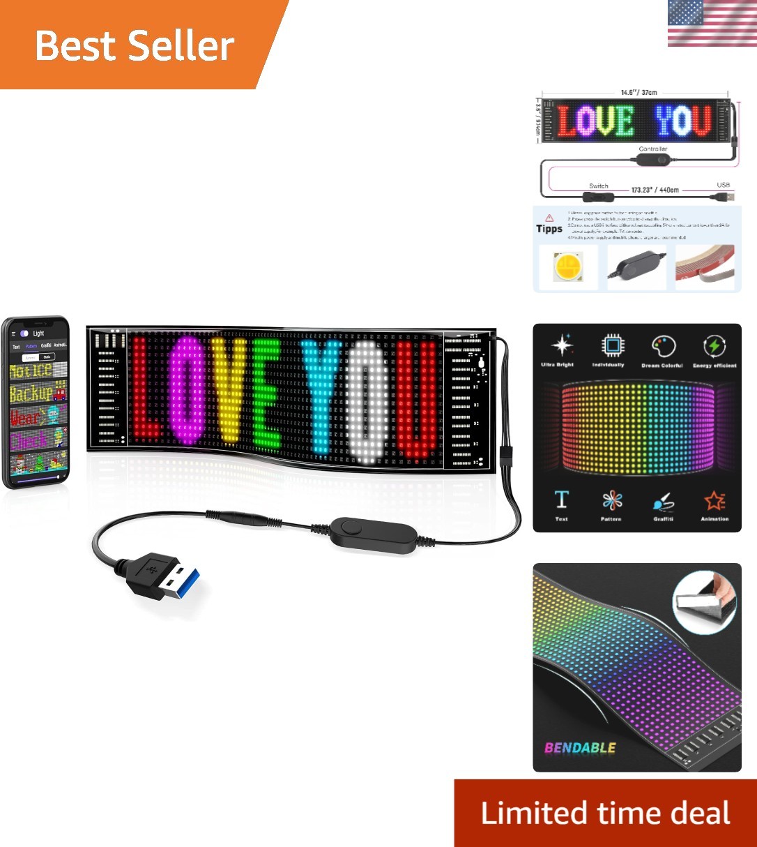 Attention-Grabbing 15”x4” LED Banner with App Control – Ideal for Advertising