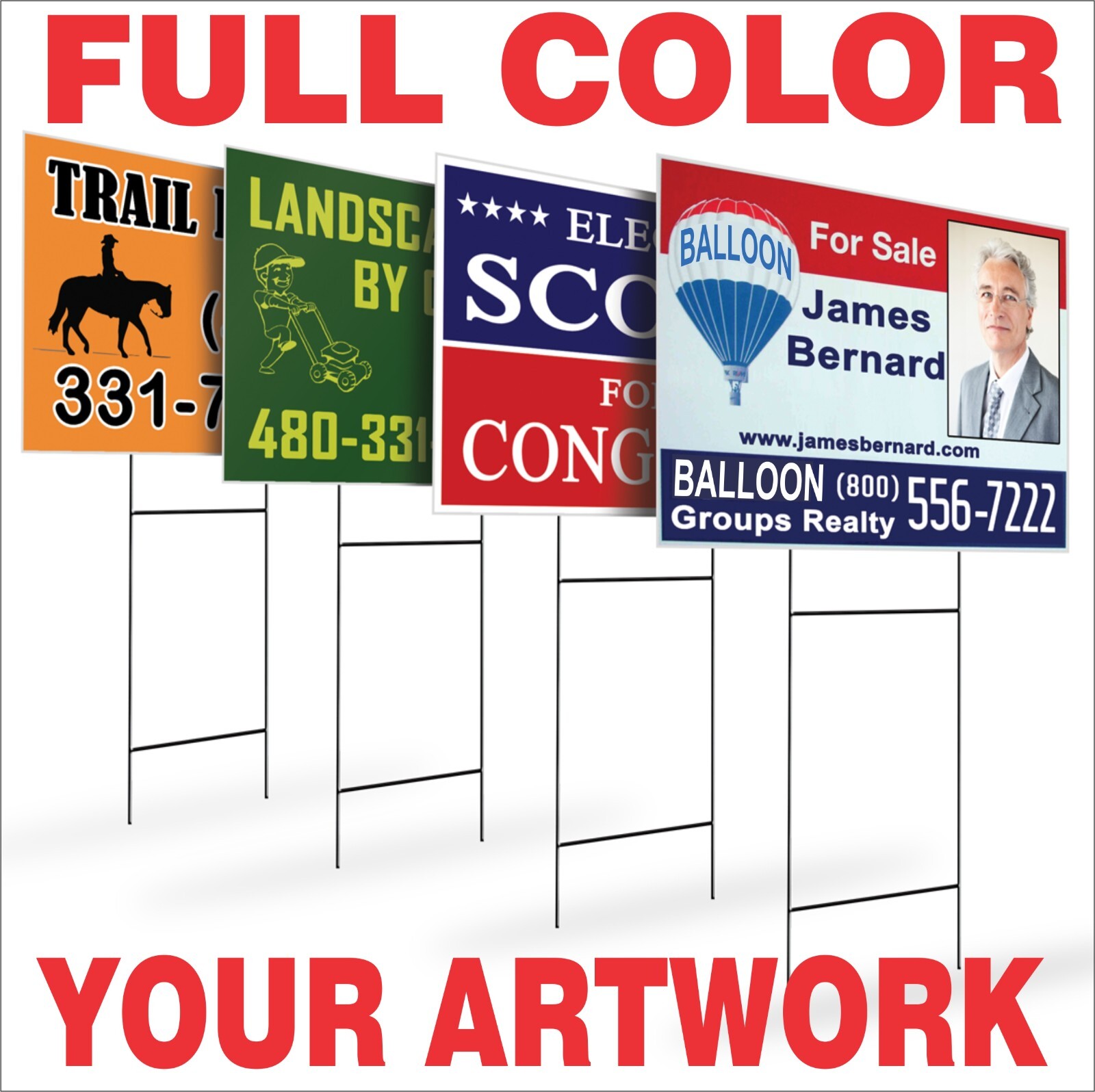 24 x 24 Yard Signs – Custom Corrugated – Full Color – 2 Sided – Stakes Optional